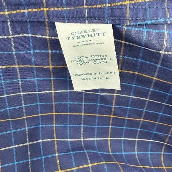 Charles Tyrwhitt Mens XL Extra Slim Fit Non-Iron Navy Blue Check Shirt Logo - Picture 7 of 10